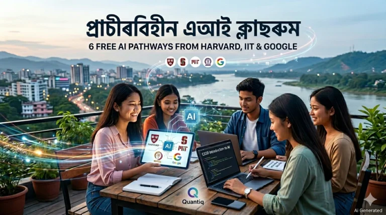 A group of four smiling Assamese students on a roof terrace at dusk with the Guwahati skyline and Brahmaputra River in the background. They are working on laptops and a tablet, all focused on AI learning. The image features modern digital overlays, including glowing data lines and an arc of university logos. Large Assamese text at the top reads: "প্ৰাচীৰ বিহীন এআই ক্লাছৰুম" (Prachir Bihin AI Classroom), and English text below it says "6 FREE AI PATHWAYS FROM HARVARD, IIT & GOOGLE". The overall vibe is collaborative and future-focused.