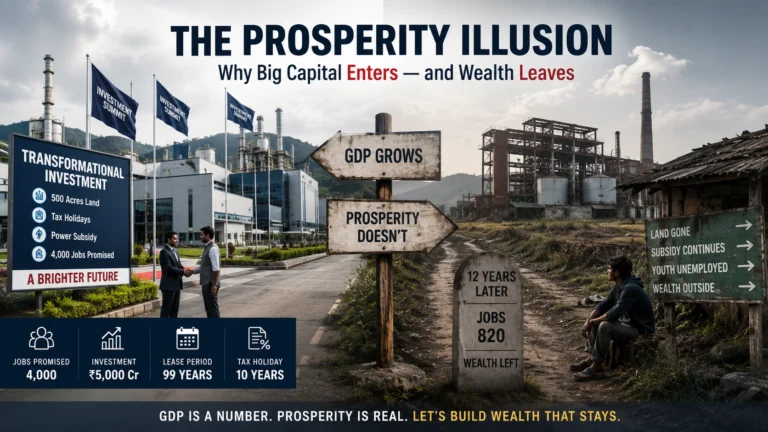 Illustration showing how large industrial investments often increase GDP but fail to create long-term local prosperity in Northeast India