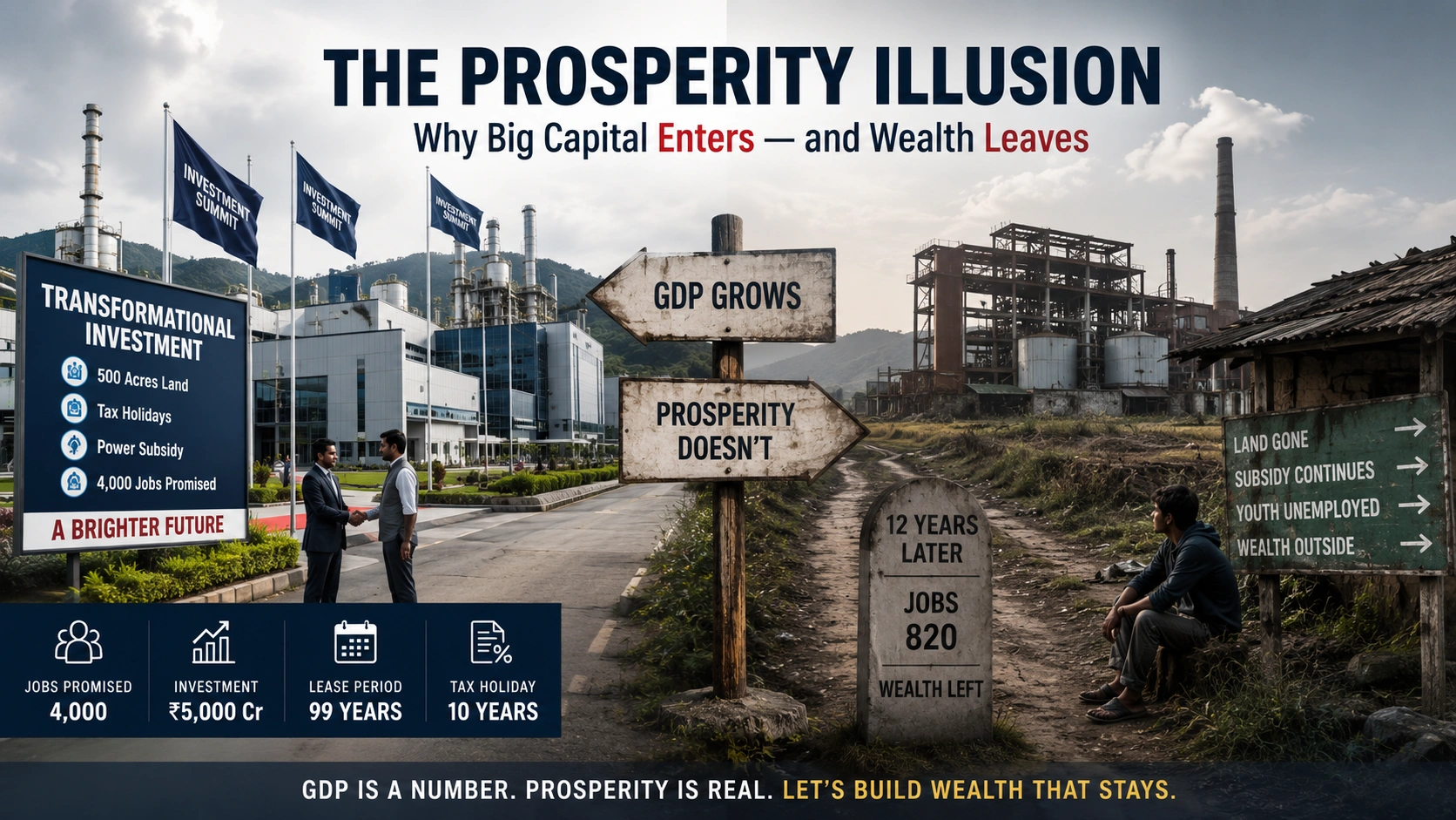 Illustration showing how large industrial investments often increase GDP but fail to create long-term local prosperity in Northeast India