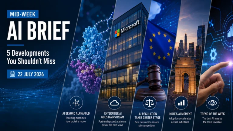Illustration representing the Mid-Week AI Brief featuring protein dynamics, enterprise AI, AI regulation, India's AI ecosystem and emerging artificial intelligence trends.