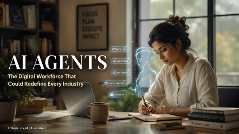 A business professional collaborates with an AI-powered digital assistant, illustrating the rise of AI Agents and the future of intelligent work in modern enterprises. Editorial visual | AI-assisted.