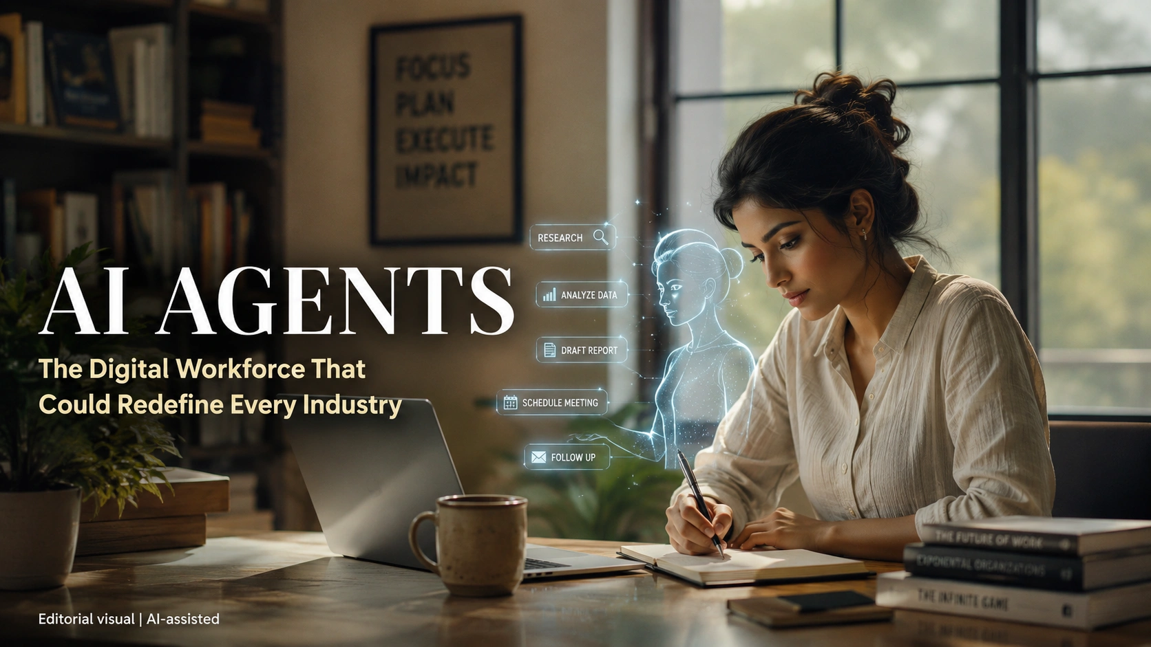 A business professional collaborates with an AI-powered digital assistant, illustrating the rise of AI Agents and the future of intelligent work in modern enterprises. Editorial visual | AI-assisted.
