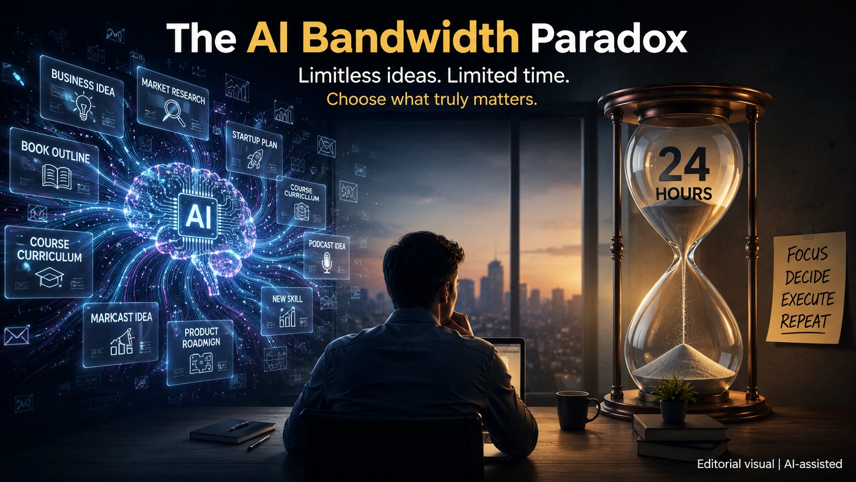 Professional working with AI while balancing multiple ideas, illustrating the AI Bandwidth Paradox.