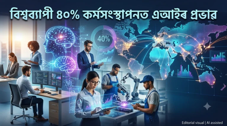 Digital illustration of AI impacting the global workforce, featuring the Bengali headline 'বিশ্বব্যাপী ৪০% কৰ্মসংস্থাপনত এআইৰ প্ৰভাৱ', showing diverse workers, holographic data, robotic arms, and a world map with a 40% chart.