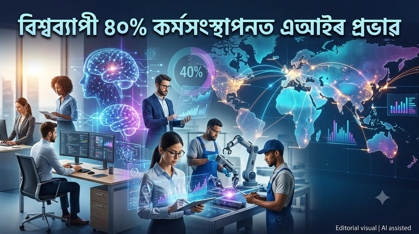 Digital illustration of AI impacting the global workforce, featuring the Bengali headline 'বিশ্বব্যাপী ৪০% কৰ্মসংস্থাপনত এআইৰ প্ৰভাৱ', showing diverse workers, holographic data, robotic arms, and a world map with a 40% chart.