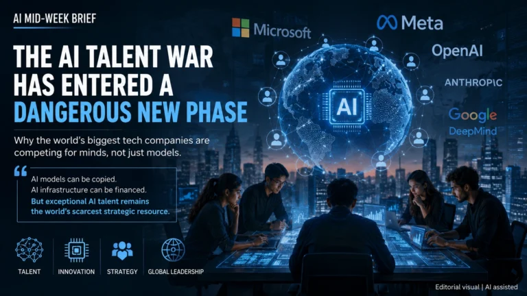 Editorial illustration depicting the global AI talent war, featuring AI researchers collaborating in a futuristic workspace with visual elements representing artificial intelligence, innovation, global technology leadership and leading AI companies.