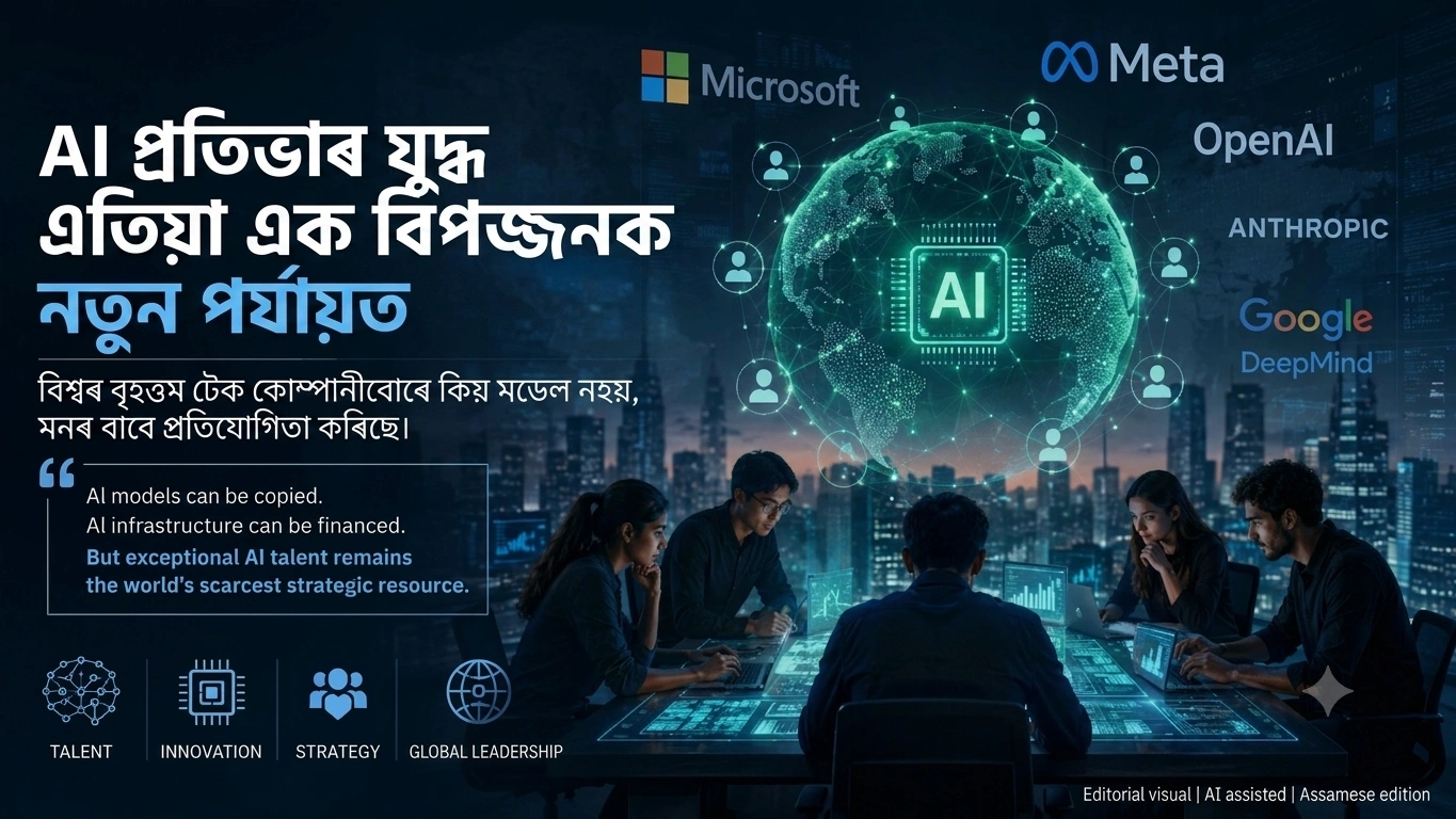 The Quantiq Assamese featured image about the AI talent war, showing researchers, corporate logos, and a global digital network.