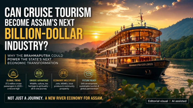 Luxury river cruise sailing on the Brahmaputra at sunset, illustrating Assam's emerging cruise tourism economy and the potential of the river to drive sustainable economic transformation. Editorial visual | AI assisted.