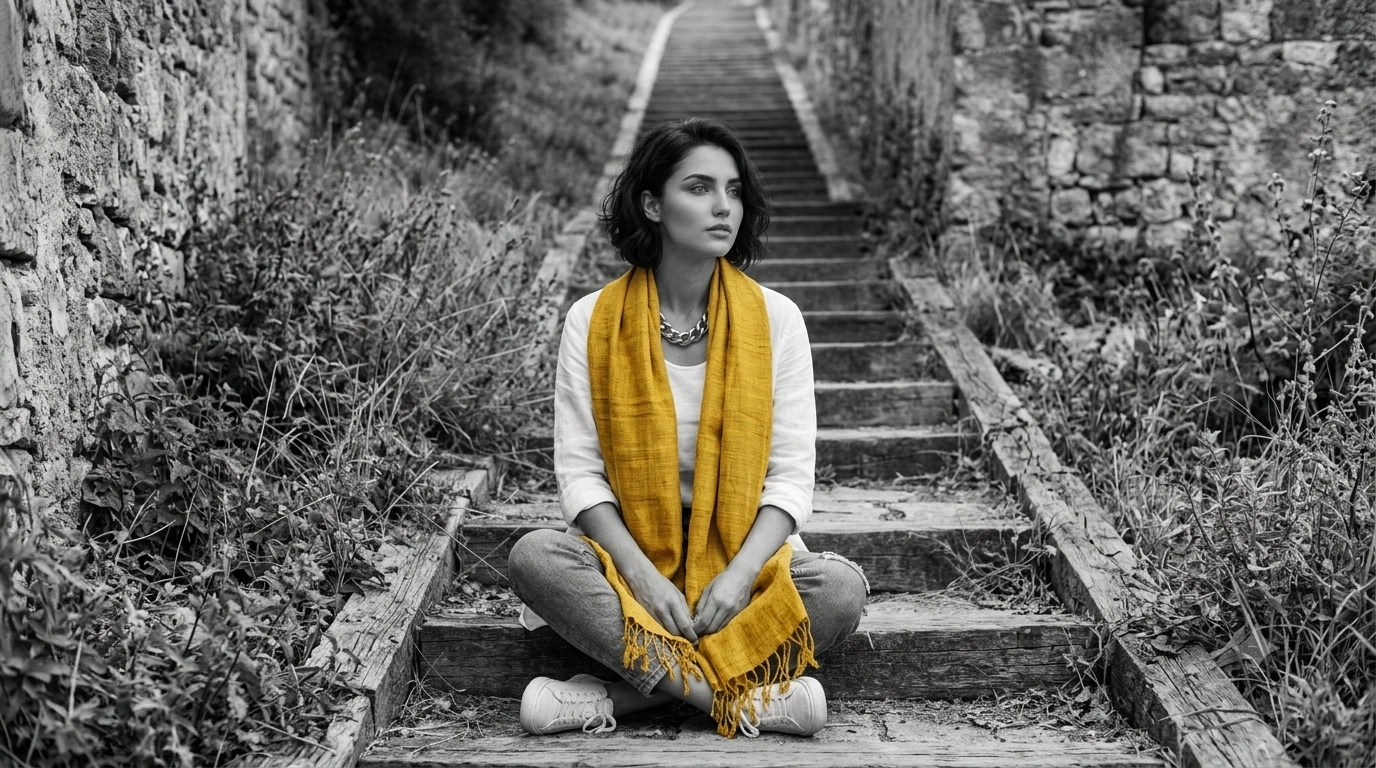 Young woman wearing a naturally dyed handwoven Eri silk stole from Assam, highlighting sustainable textiles and the future of handloom innovation in Northeast India.