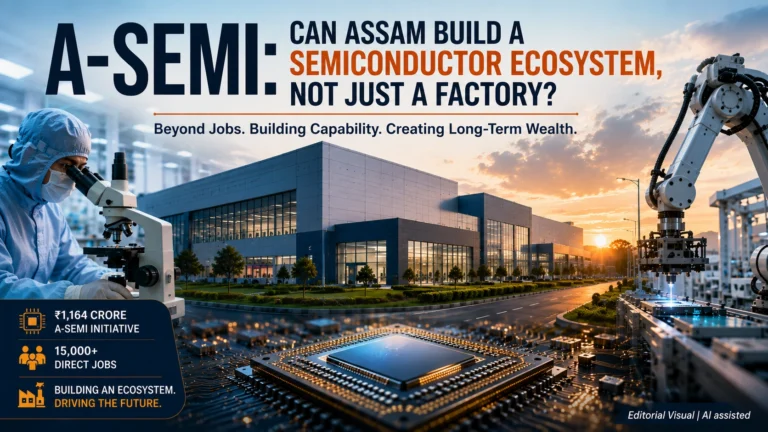 Editorial illustration depicting Assam's emerging semiconductor ecosystem, featuring a modern semiconductor manufacturing facility, AI-driven automation, robotics and advanced chip technology.