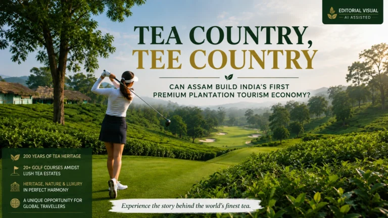 A woman golfer tees off on a lush golf course surrounded by Assam tea estates, showcasing the state's unique blend of tea heritage, golf and experiential tourism.