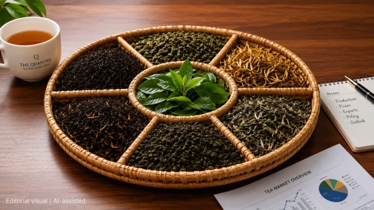 Compartmentalised rattan tray displaying different varieties of tea on an office desk, illustrating The Quantiq Tea Intelligence Series on Assam's tea prices, exports and market intelligence.