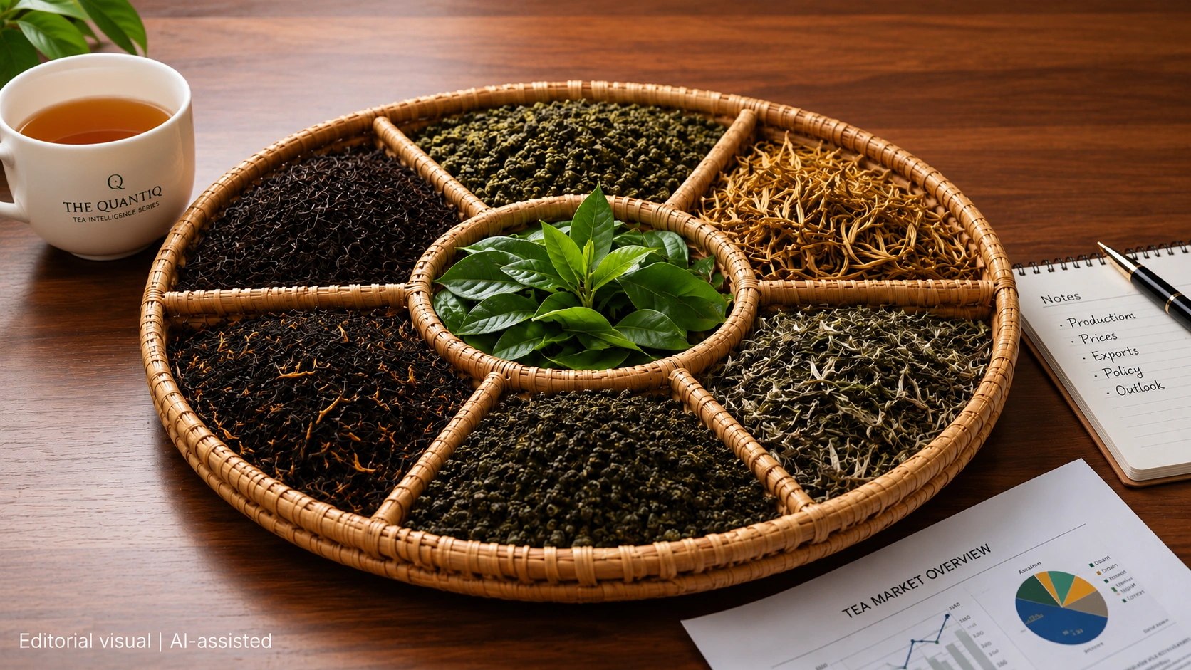 Compartmentalised rattan tray displaying different varieties of tea on an office desk, illustrating The Quantiq Tea Intelligence Series on Assam's tea prices, exports and market intelligence.