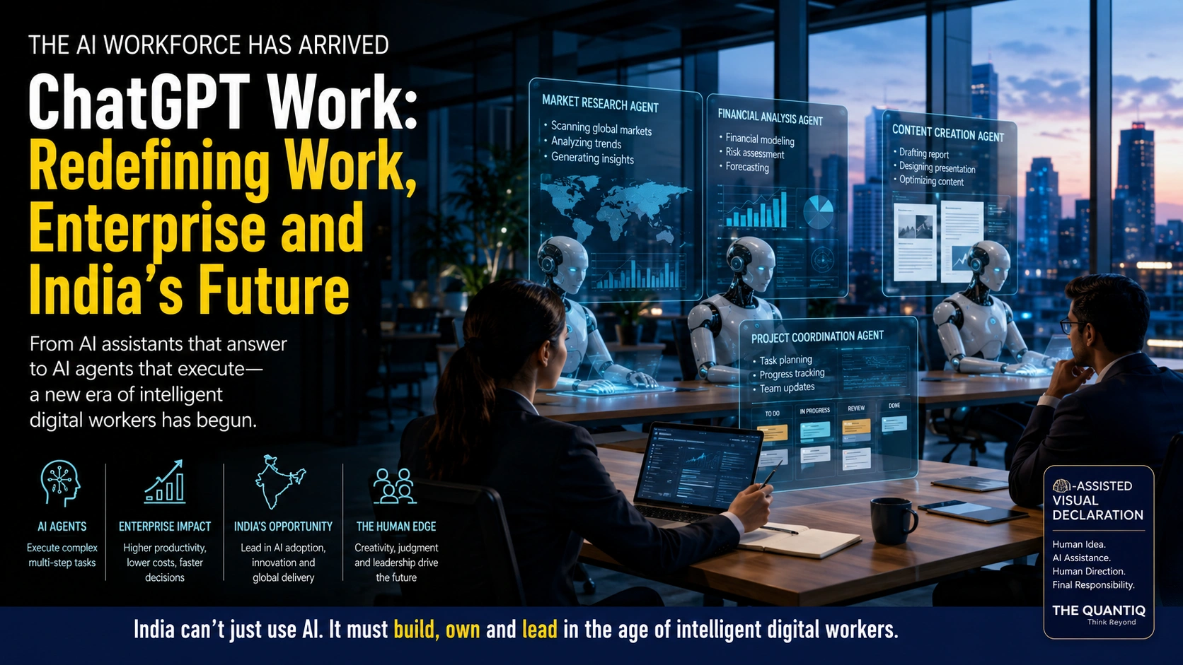 The AI workforce concept showing business professionals collaborating with AI agents in a modern enterprise office, illustrating how ChatGPT Work could transform India's IT industry, startups and the future of work.