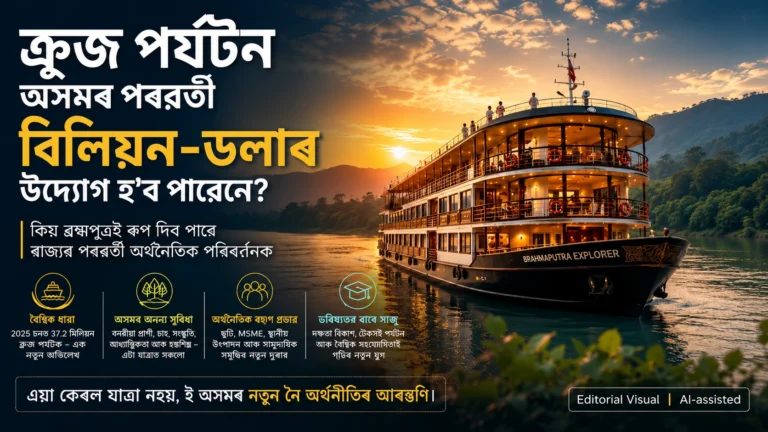 A luxury river cruise ship named Brahmaputra Explorer sailing on the Brahmaputra river during sunset in Assam, with Assamese title text on the left.