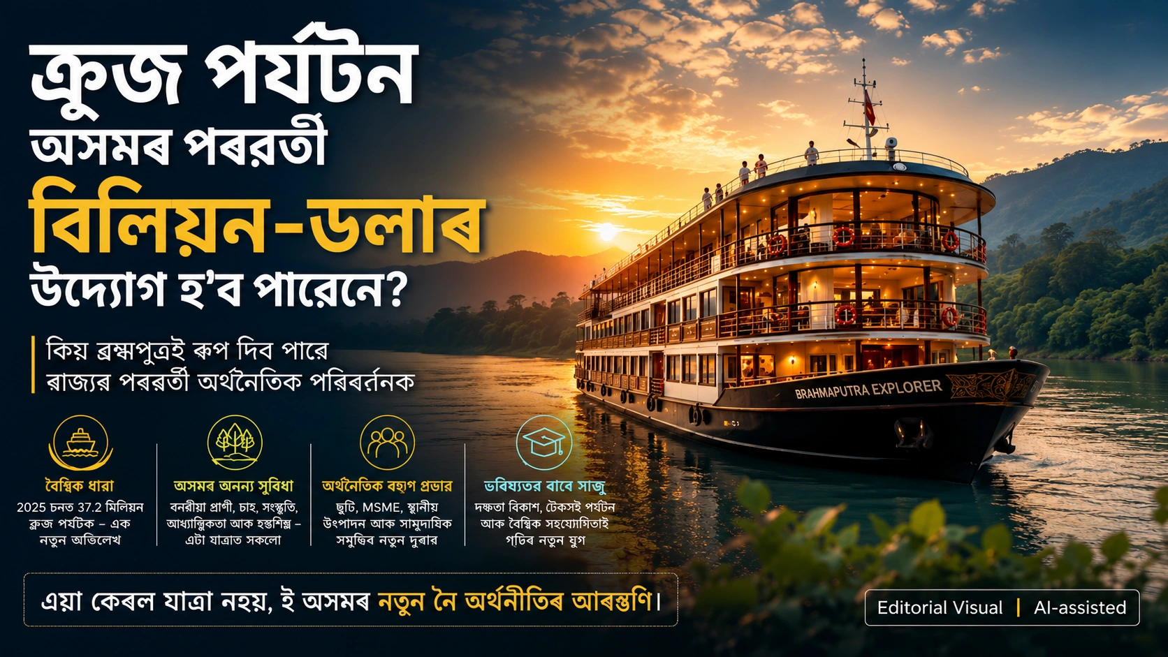 A luxury river cruise ship named Brahmaputra Explorer sailing on the Brahmaputra river during sunset in Assam, with Assamese title text on the left.