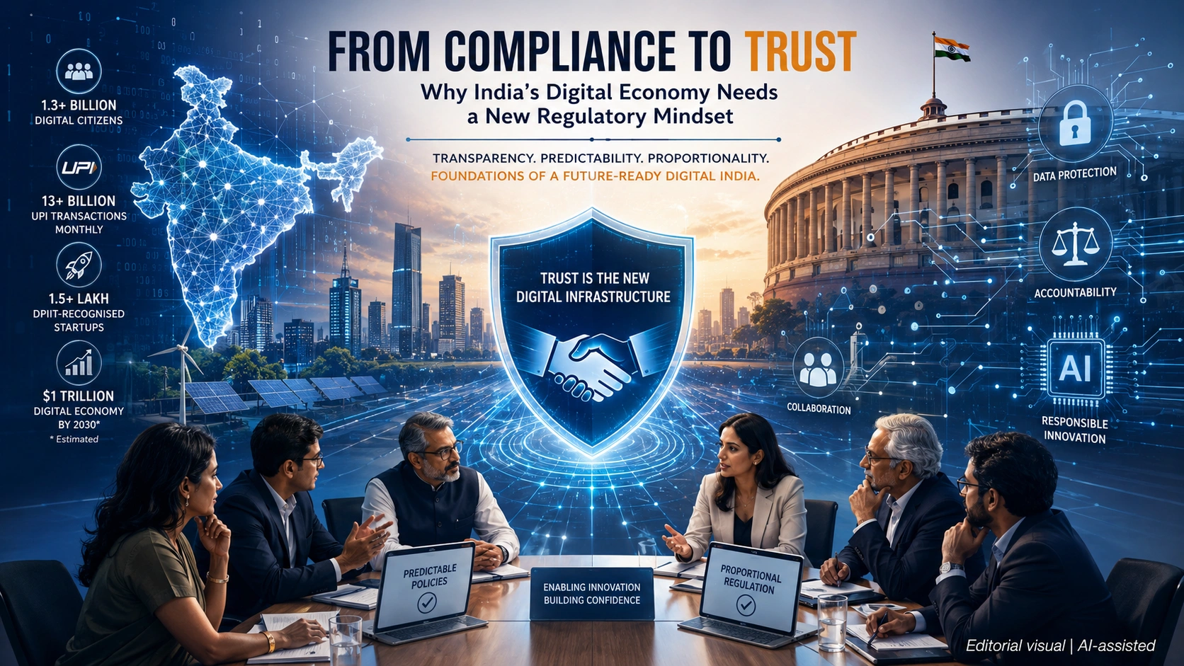 Editorial illustration depicting India's transition from compliance-driven digital regulation to a trust-based regulatory framework, highlighting AI, innovation, digital governance and the country's technology-driven economy.