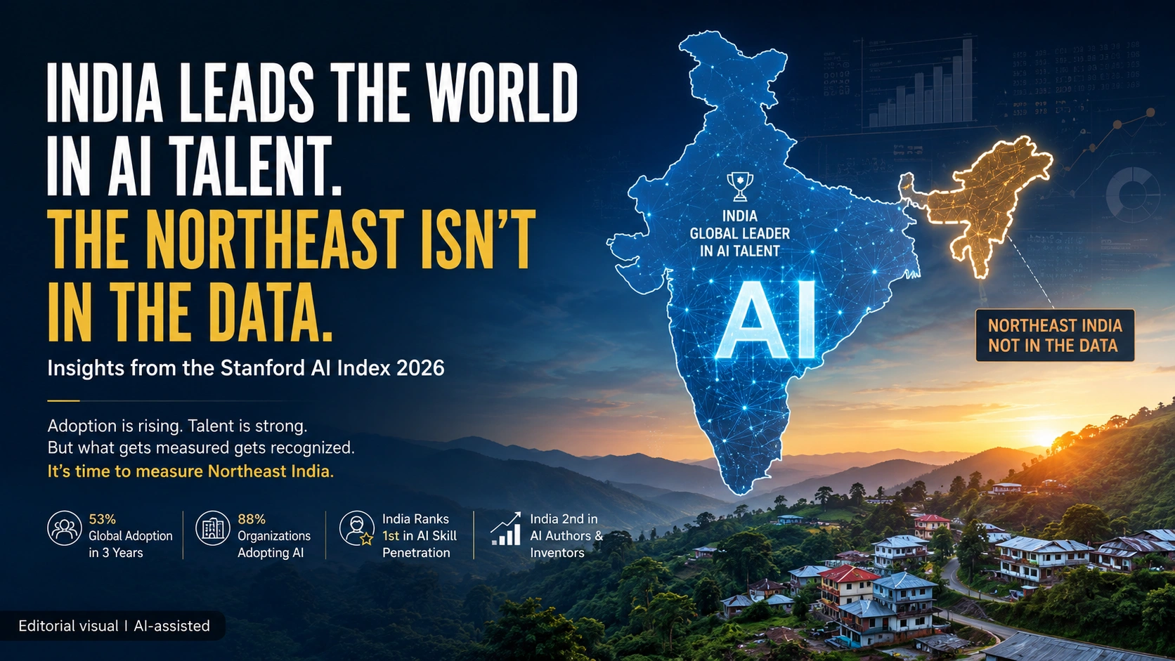 Conceptual illustration of India leading the world in AI talent while Northeast India remains underrepresented in AI datasets, inspired by the Stanford AI Index 2026. Editorial visual | AI-assisted.