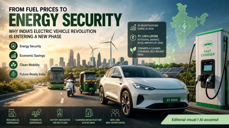 A conceptual editorial illustration depicting India's electric vehicle revolution with an EV charging station, electric vehicles, renewable energy, and digital connectivity, symbolising energy security and the future of sustainable mobility. Editorial visual | AI assisted.