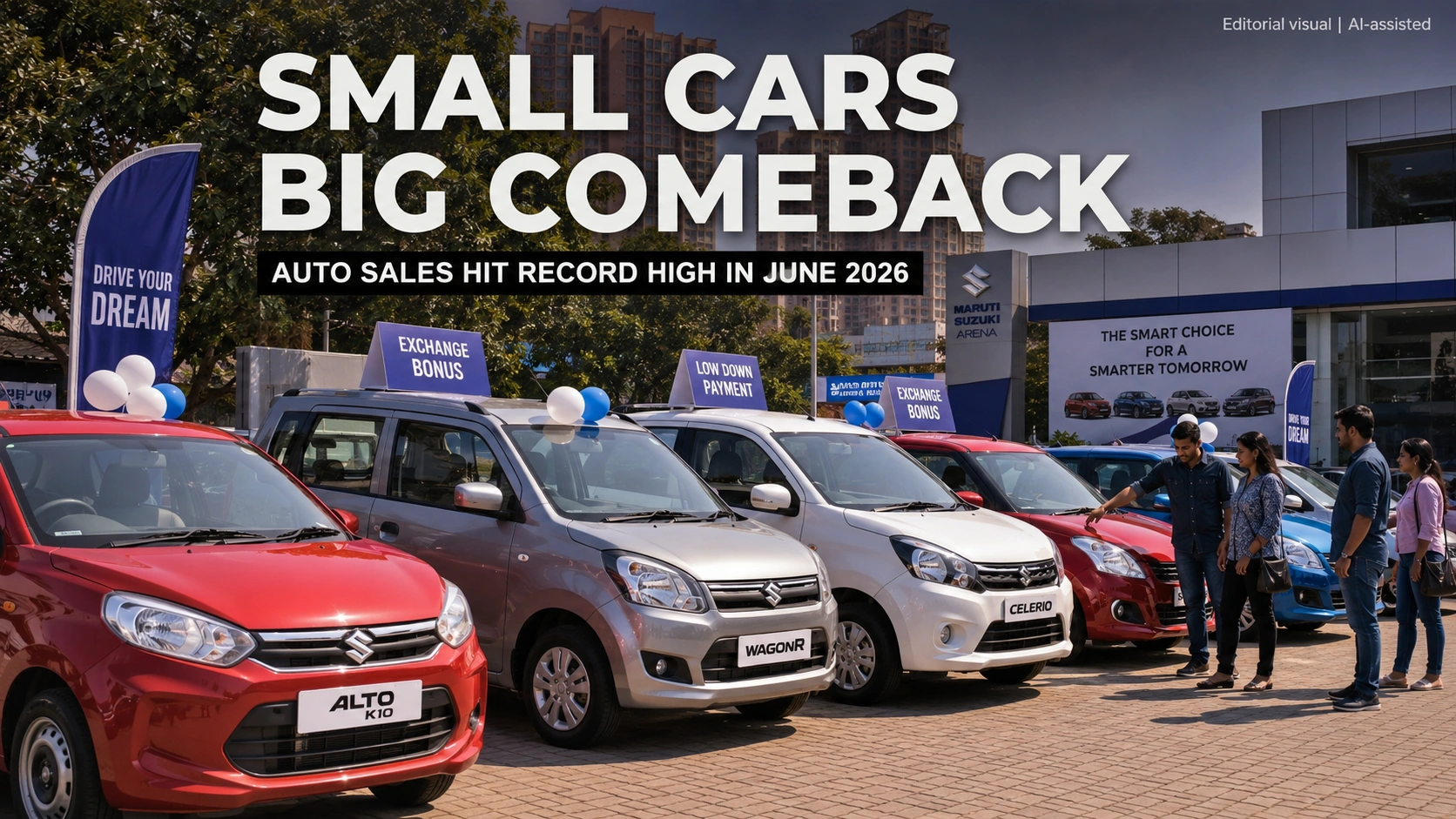 A row of compact passenger cars at a dealership in India, illustrating the resurgence of small car sales and the return of first-time buyers in the Indian automobile market. Editorial visual | AI-assisted.