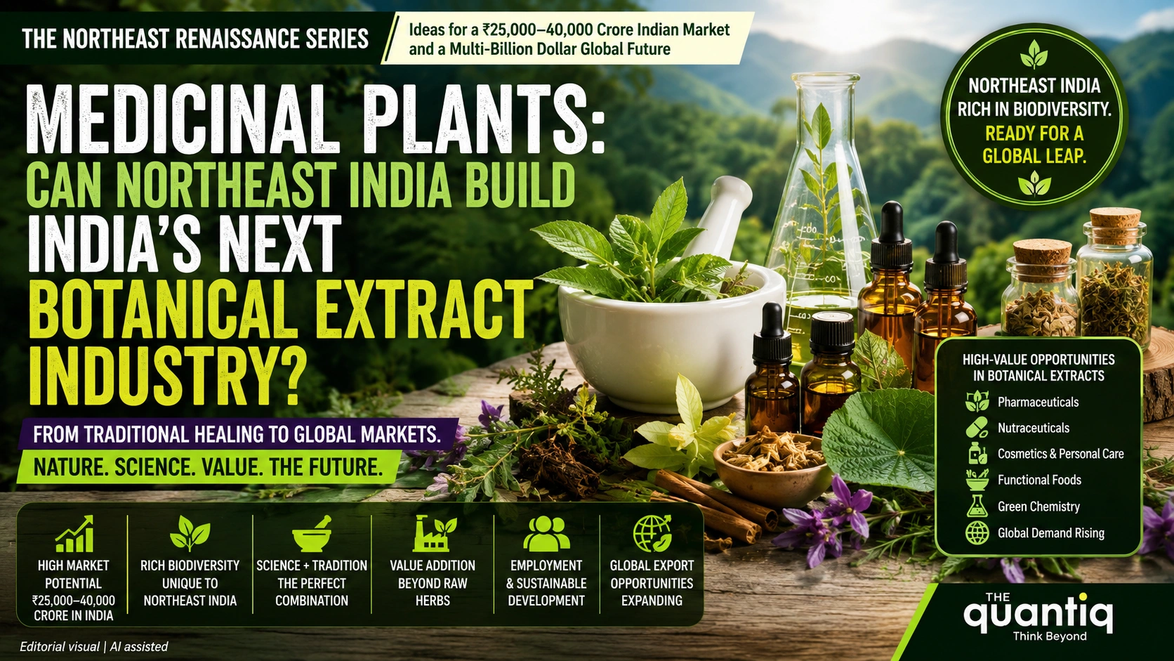 Medicinal plants and botanical extract industry highlighting Northeast India's bioeconomy opportunities in pharmaceuticals, nutraceuticals and natural ingredient manufacturing.
