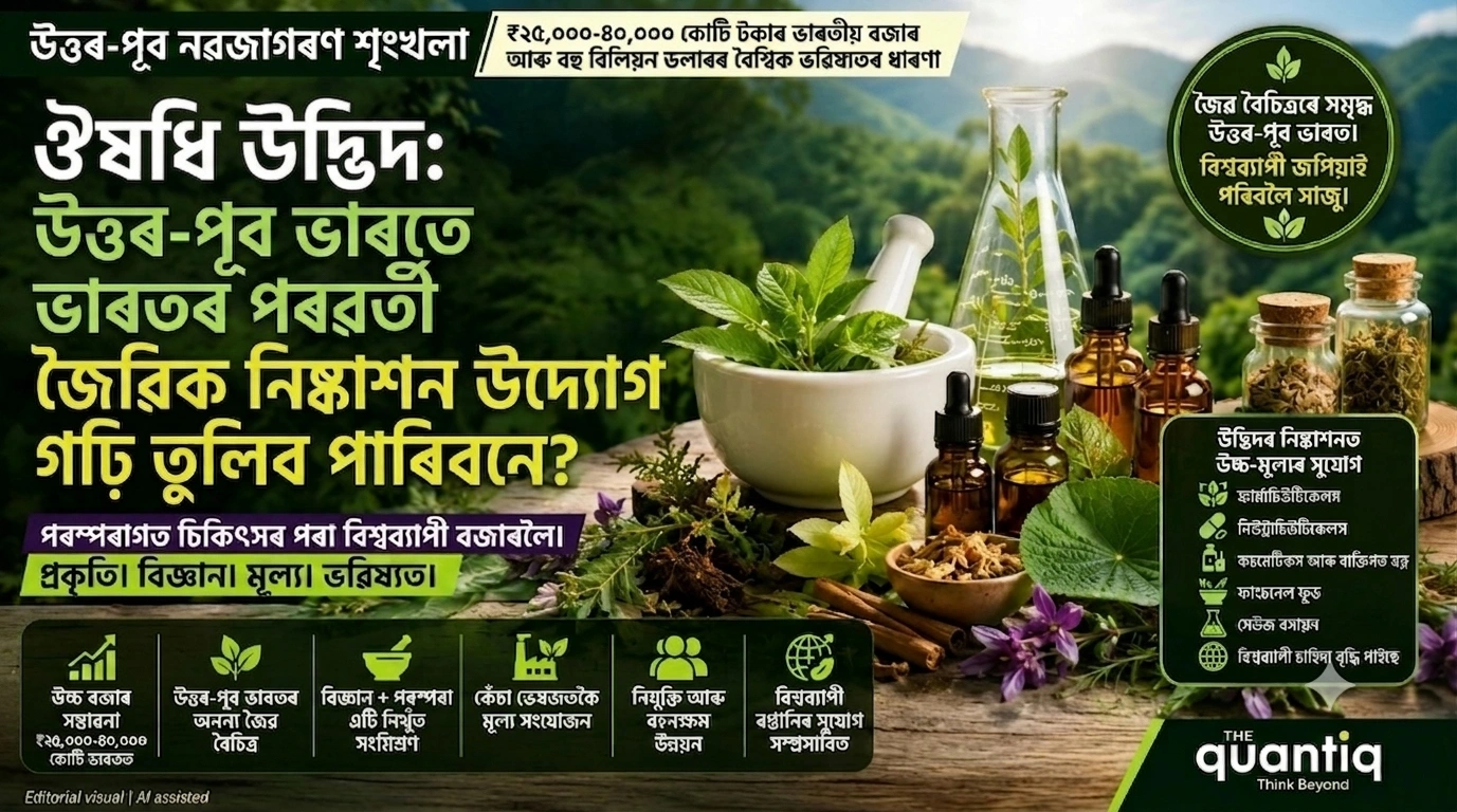 An infographic in Assamese for 'The Northeast Renaissance Series' detailing how Northeast India can build a sustainable botanical extract industry. It features traditional herbs, lab equipment, bottles of essential oils, and highlights the multi-billion dollar market potential for pharmaceuticals and nutraceuticals.
