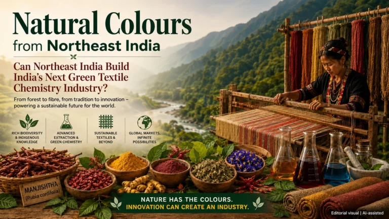 Editorial illustration showing natural dyes, Manjistha, indigenous weaving, botanical pigments and green textile chemistry in Northeast India, highlighting sustainable textile innovation and biodiversity.