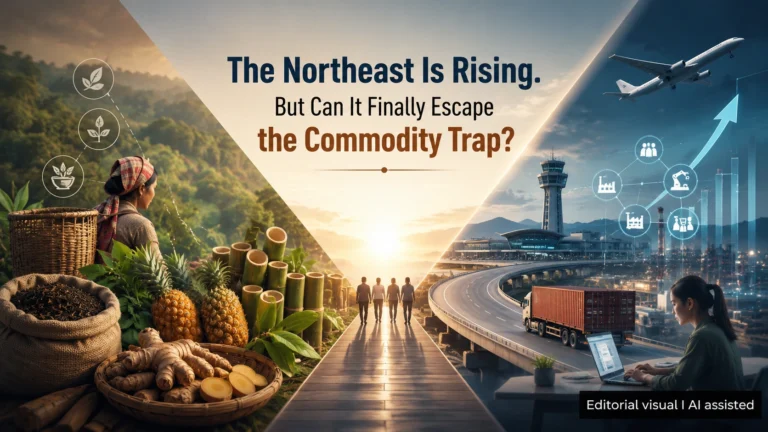 Abstract editorial illustration depicting Northeast India's transition from a commodity-based economy to value-added industrial growth through infrastructure, entrepreneurship and innovation. Editorial Visual | AI assisted.