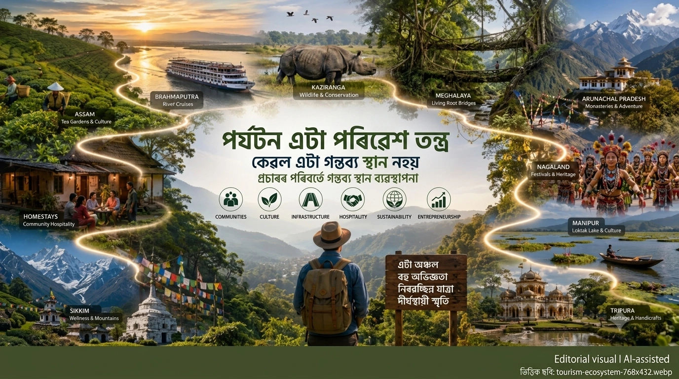 A detailed collage map illustrating the comprehensive tourism ecosystem of Northeast India, linking all seven states and showing diverse cultural and natural attractions.
