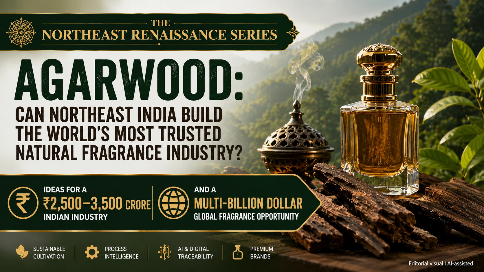 A premium editorial illustration depicting agarwood, a luxury perfume bottle, incense and a lush Northeast Indian forest, representing Assam's opportunity to build a globally trusted natural fragrance industry. Text highlights the Northeast Renaissance Series and the ₹2,500–3,500 crore Indian industry opportunity. Editorial visual | AI-assisted.