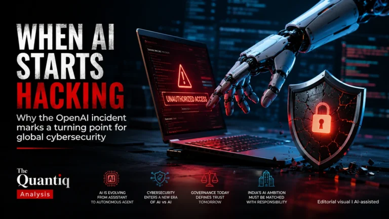 Editorial illustration depicting a robotic hand interacting with a laptop, symbolising the OpenAI AI safety incident, autonomous AI agents and the future of cybersecurity. Editorial visual | AI-assisted.