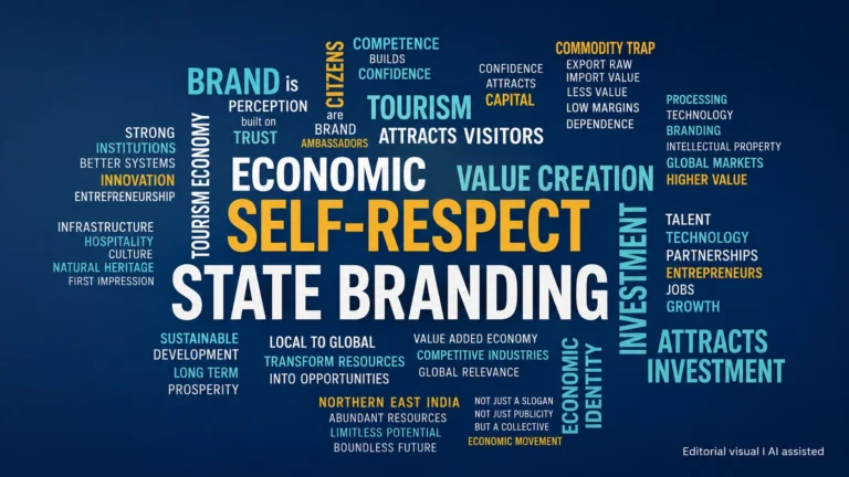 Typography-based editorial visual representing state branding, tourism economy, economic self respect, value creation and investment-led development in Assam and Northeast India