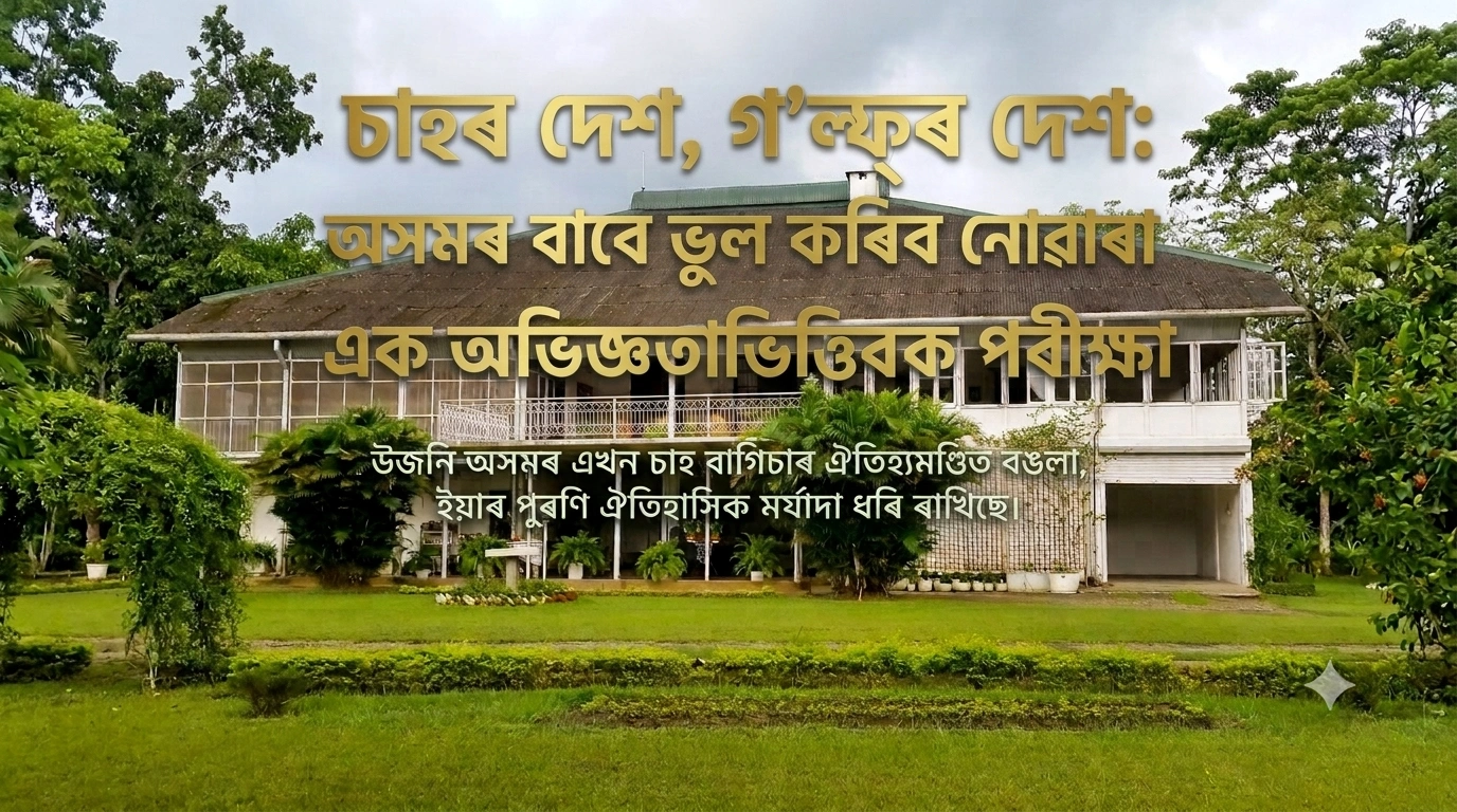 An editorial featured image of a historic tea estate bungalow in Upper Assam with Assamese text overlay titled Tea Country, Tee Country.