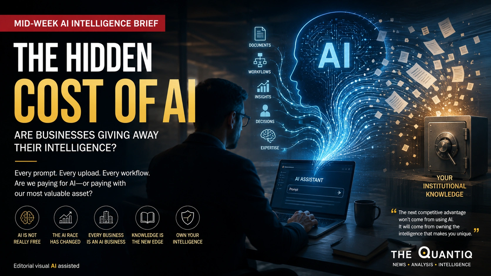 Editorial visual illustrating how businesses may unintentionally share institutional knowledge while using artificial intelligence, inspired by Satya Nadella's Reverse Information Paradox.