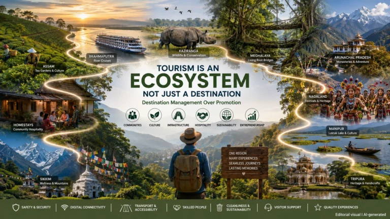Illustration depicting Northeast India's tourism ecosystem featuring tea gardens, river cruises, wildlife, living root bridges, monasteries, festivals, homestays and cultural heritage connected through destination management.