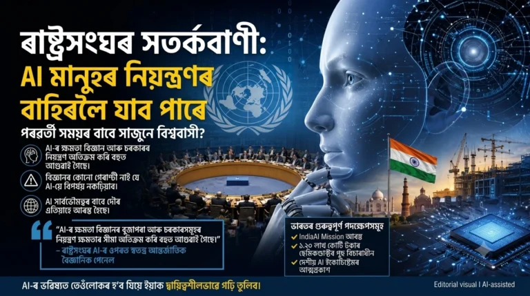 Assamese language featured image for The Quantiq showing a giant AI cyborg profile looking over the UN General Assembly and a futuristic Indian cityscape, summarizing the global AI control debate and India's strategic push.