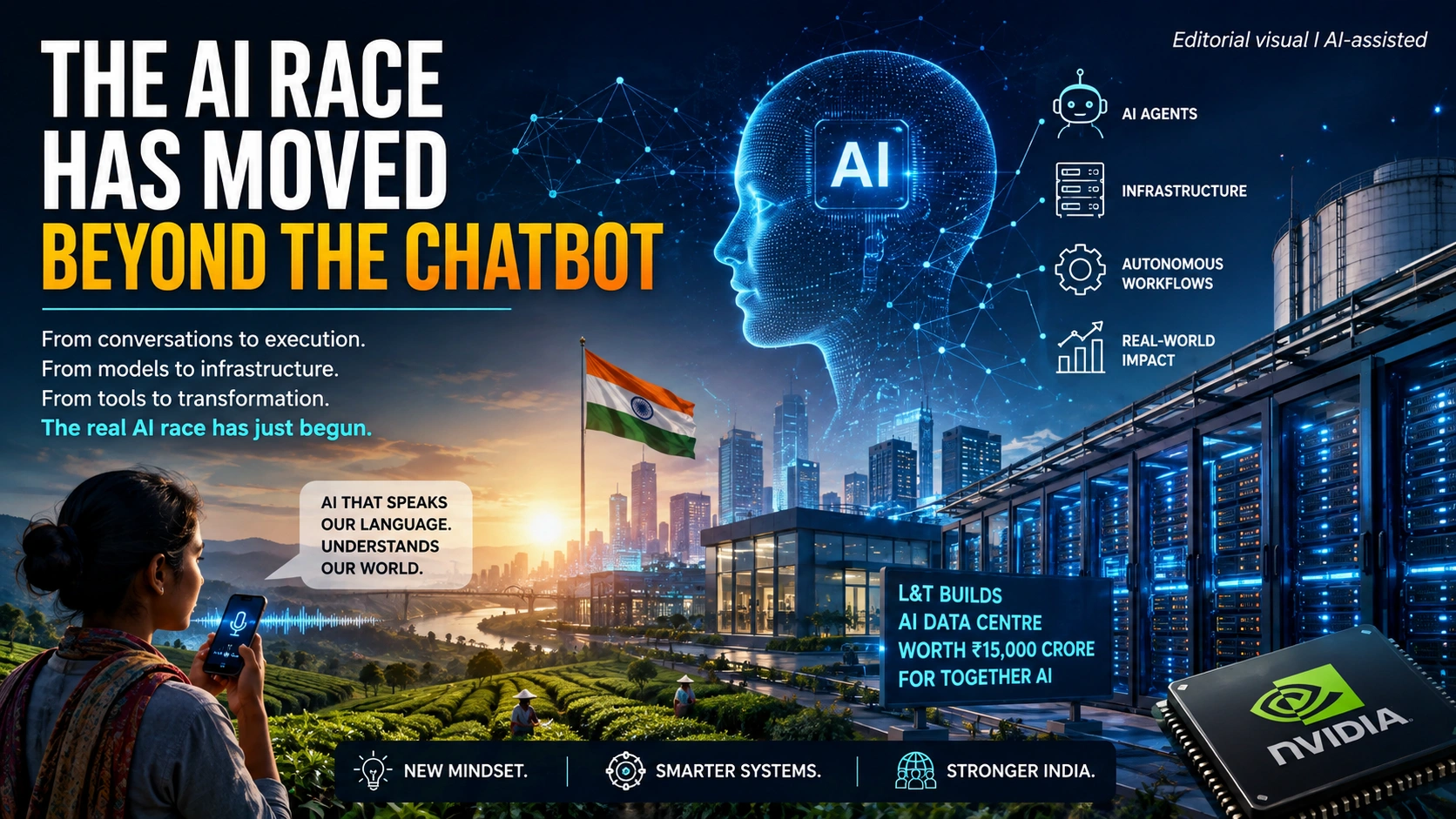 AI race moving beyond chatbots toward AI agents, infrastructure, autonomous workflows and real-world applications in India.