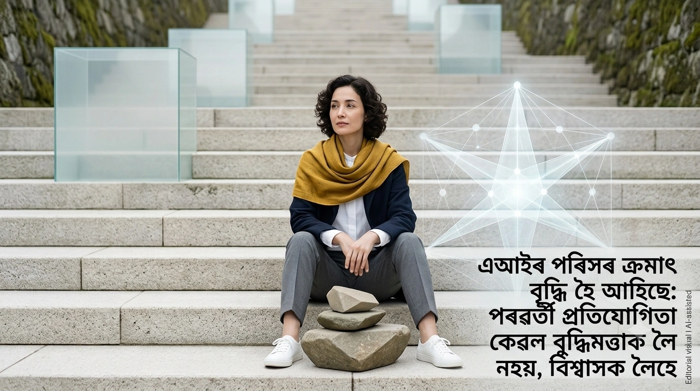 এআই প্ৰযুক্তি আৰু বিশ্বাসযোগ্যতা – ‘দ্য কোৱাণ্টিক’ (অসমীয়া)ৰ বাবে ডিজিটেল বিশ্বাস আৰু নিৰাপত্তাৰ ধাৰণামূলক বিশেষ প্ৰদৰ্শনী দৃশ্য (Editorial visual | AI-assisted)