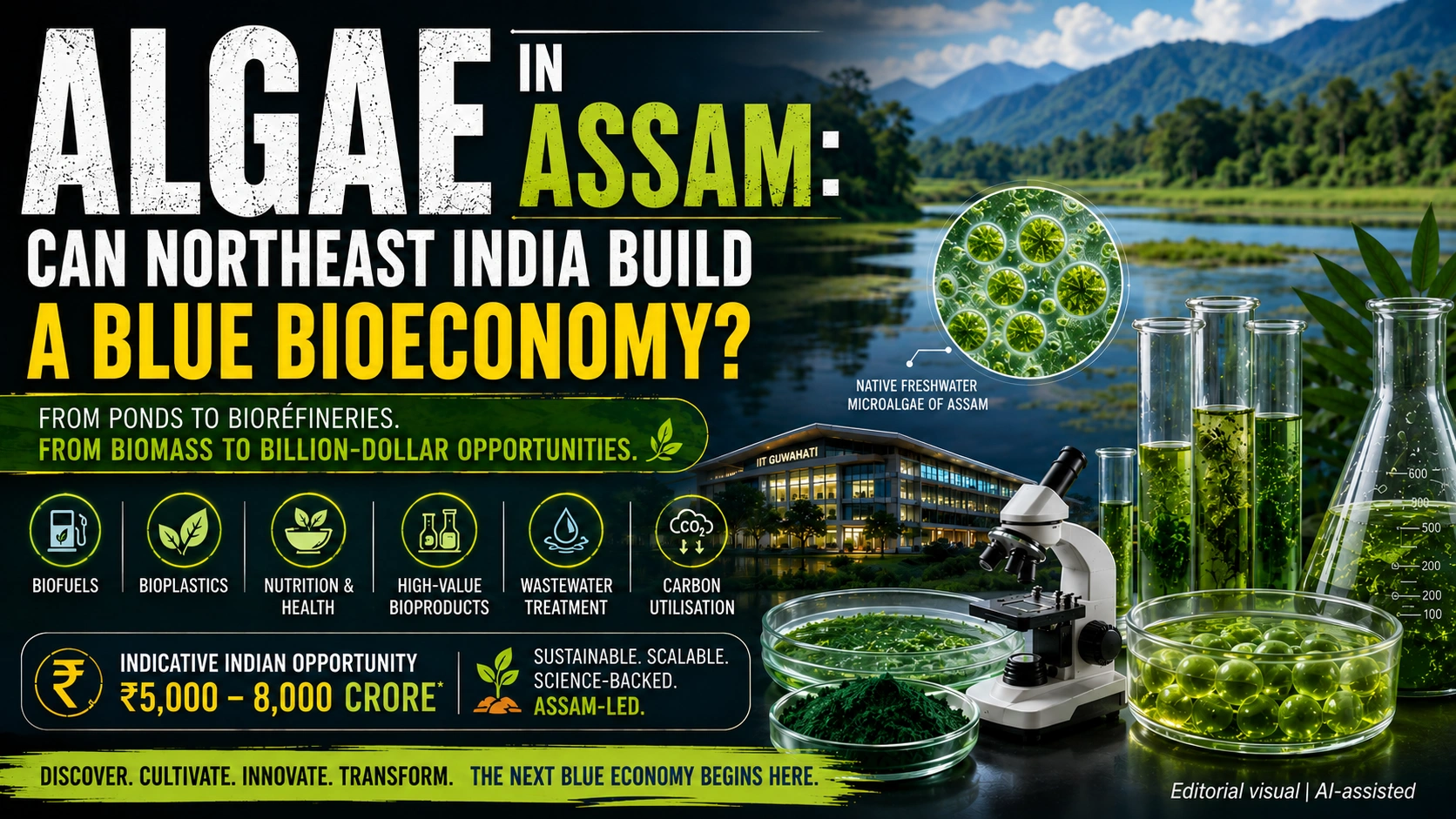 Native freshwater microalgae in Assam representing Northeast India's emerging blue bioeconomy and algae biorefinery opportunity.
