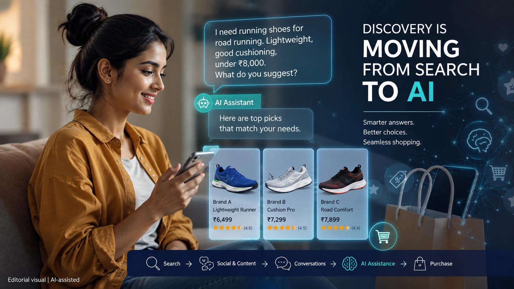 Indian shopper using an AI assistant to discover and compare products online