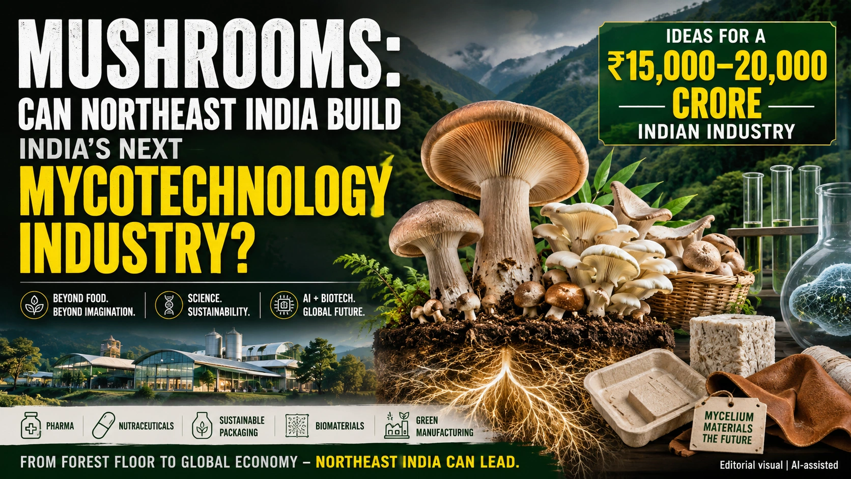 A premium editorial illustration highlighting Northeast India's opportunity to build India's next mycotechnology industry. The image features mushrooms, underground mycelium, sustainable biomaterials, biotechnology laboratory elements and the headline "Mushrooms: Can Northeast India Build India's Next Mycotechnology Industry?" with the ₹15,000–20,000 crore Indian industry opportunity. Editorial visual | AI-assisted.