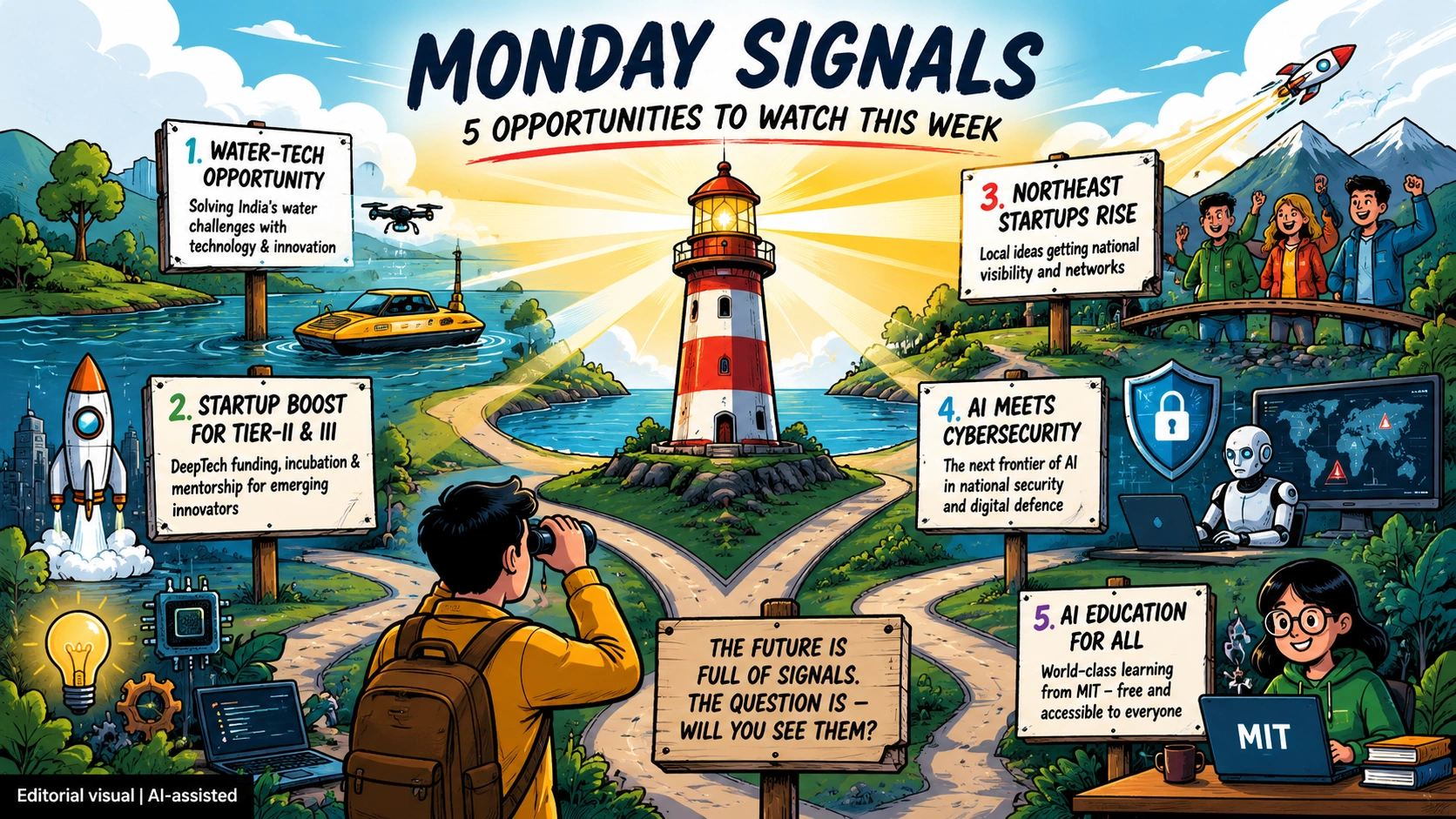 Cartoon-style illustration showing five opportunities to watch this week across water technology, startups, Northeast India, AI cybersecurity and free AI education