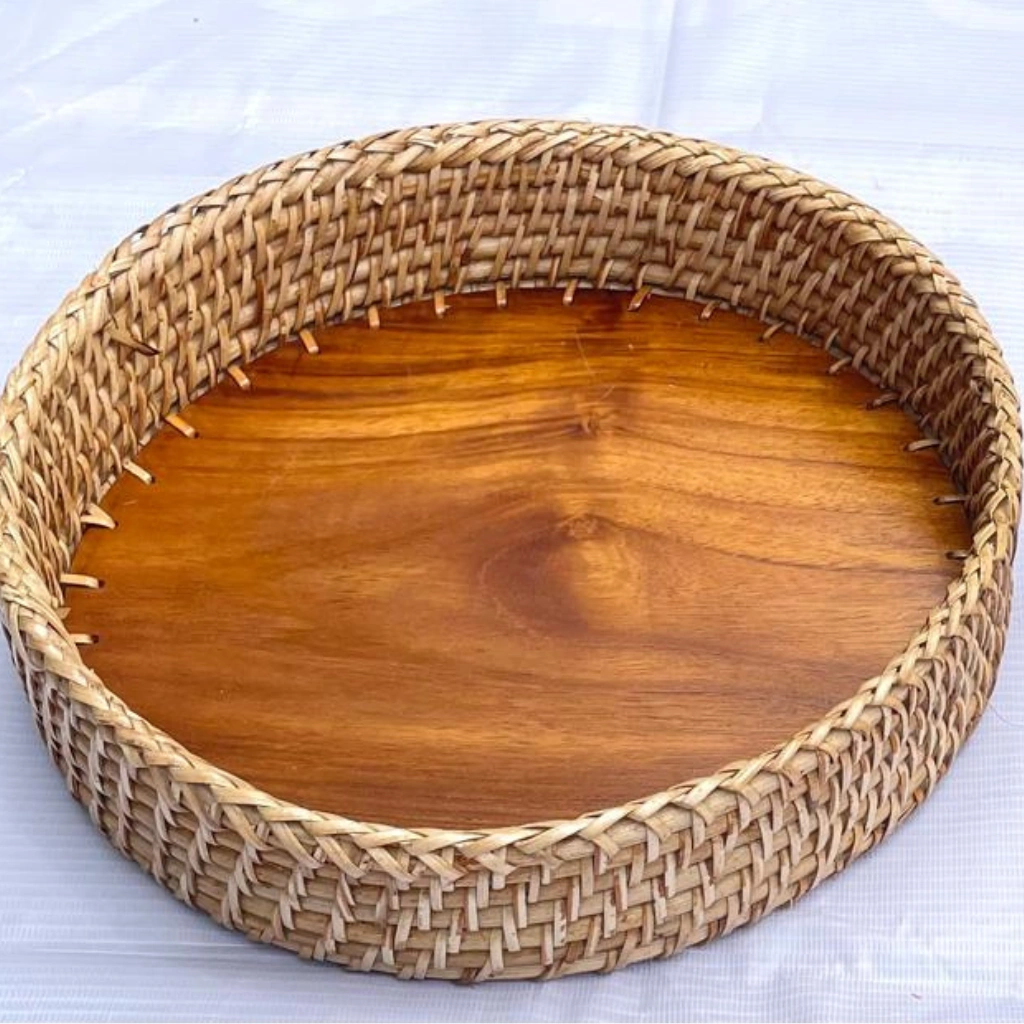 Handwoven cane tray with wooden base