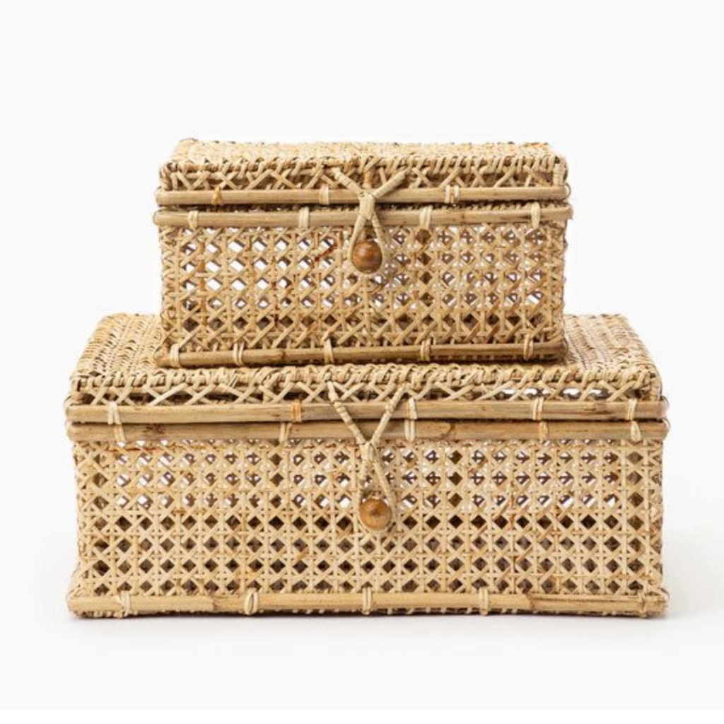 Set of handcrafted woven cane storage boxes
