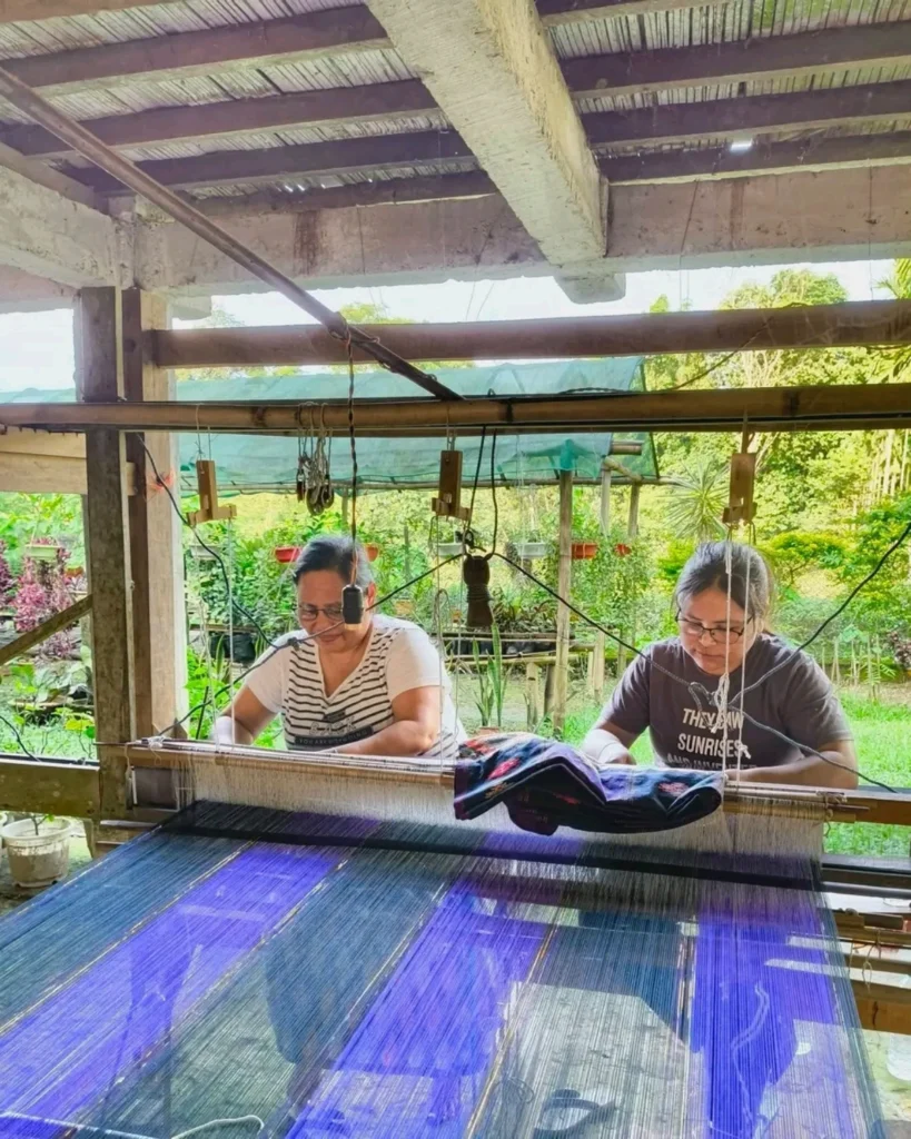 Two women weaving traditional textile on a handloom at a rural craft workshop in Northeast India.