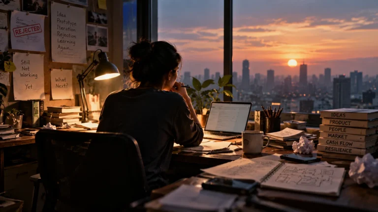 A solitary entrepreneur working late at a desk surrounded by ideas, prototypes and rejected plans as dawn breaks over a city skyline.
