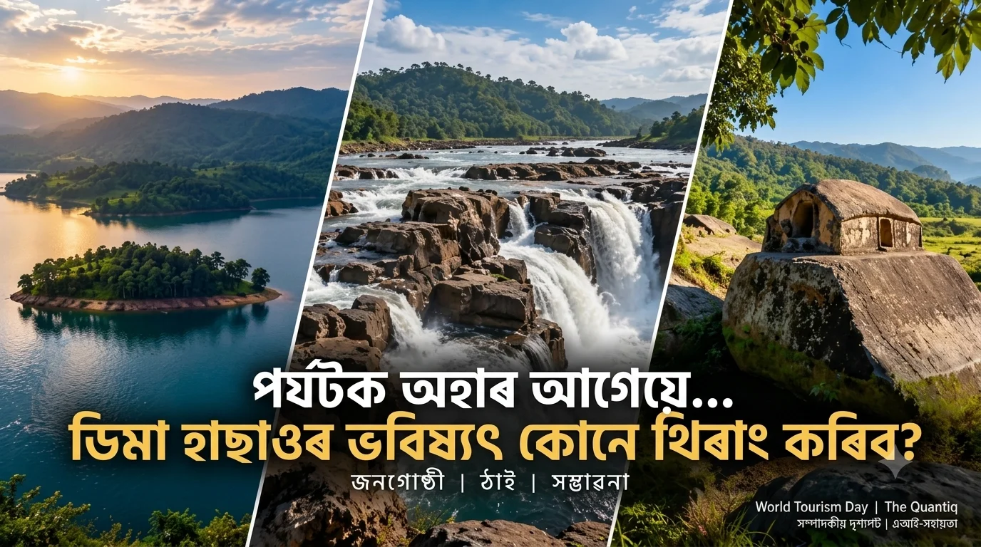 ডিমা হাছাওৰ প্ৰাকৃতিক সৌন্দৰ্য, পানীমূৰ জলপ্ৰপাত আৰু ঐতিহাসিক কছাৰী ৰাজপ্ৰাসাদৰ ধ্বংসাৱশেষৰে গঠিত ৩ টা অংশৰ সম্পাদকীয় ফটো-কোলাজ, য’ত অসমীয়া ভাষাত শিৰোনাম সন্নিবিষ্ট কৰা হৈছে।