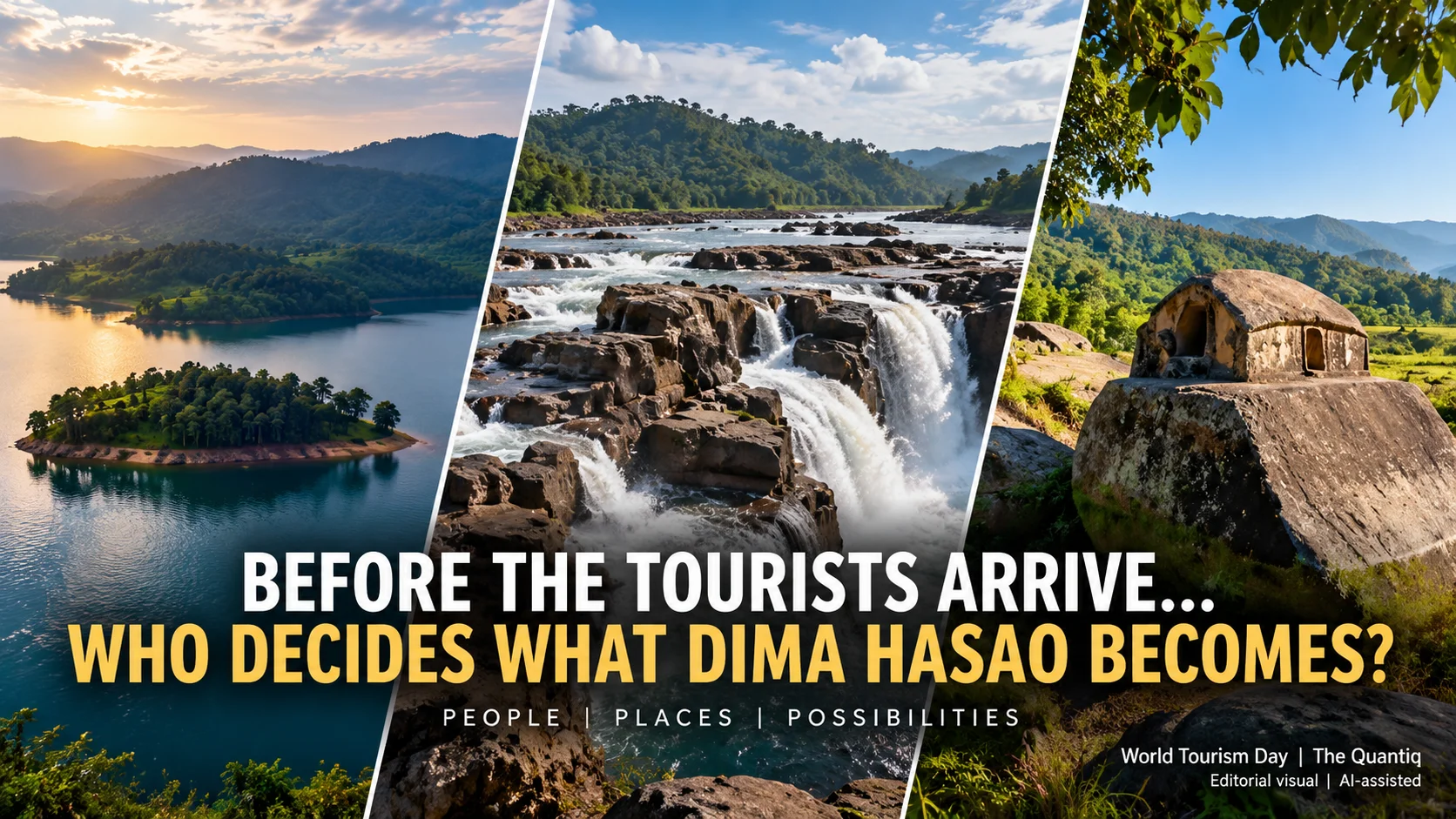 Three-panel landscape collage of Dima Hasao featuring a lake, waterfall and historic stone structure, highlighting its tourism potential.
