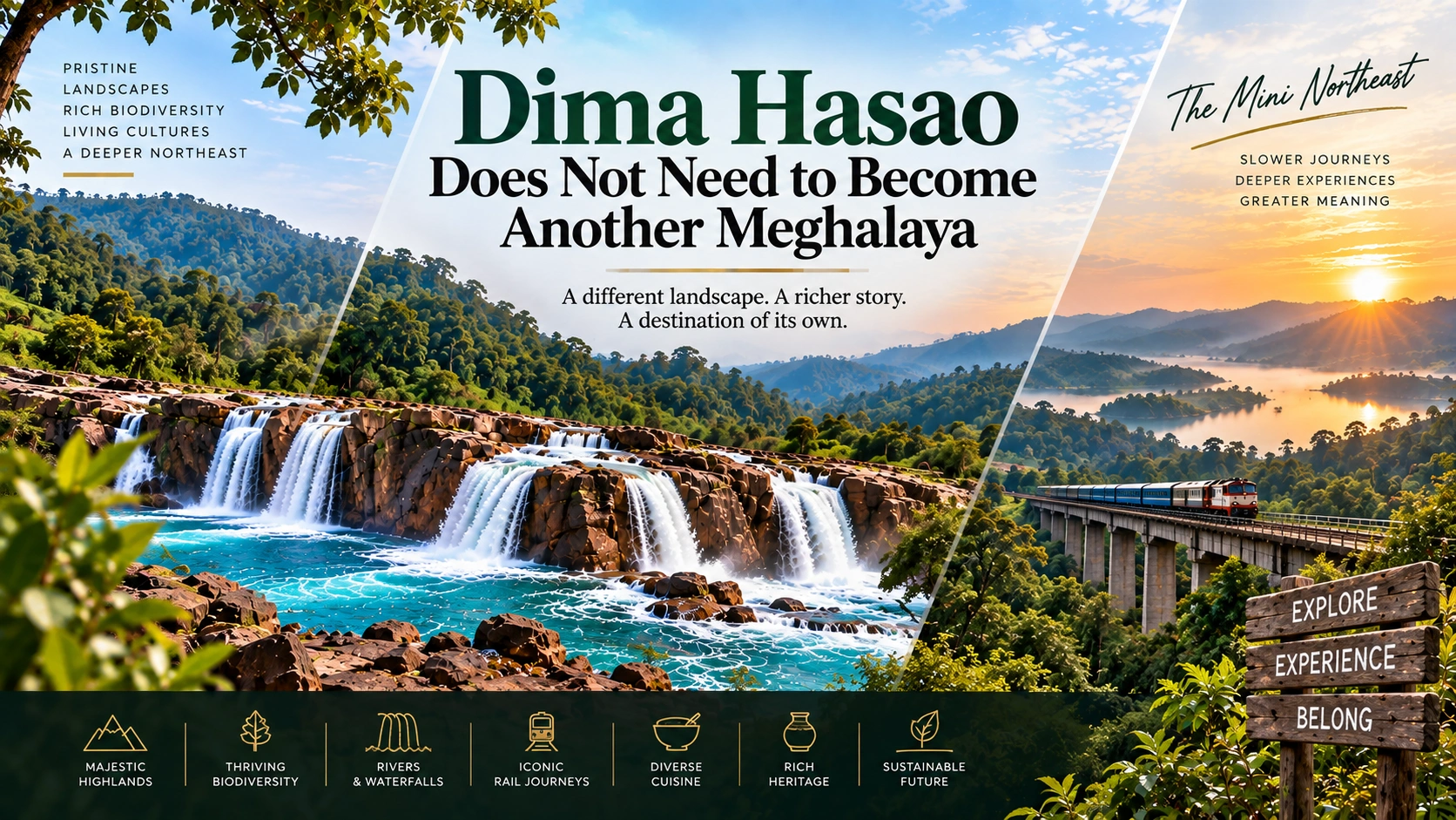 Dima Hasao landscape with waterfalls, forests, hills and railway journey, highlighting its potential as a distinctive tourism destination