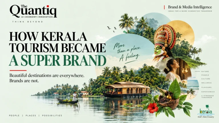 The Quantiq editorial cover exploring how Kerala Tourism became a super brand through destination branding, culture, nature and storytelling.